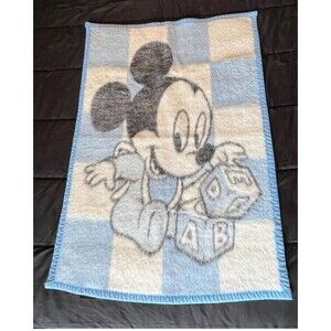 Disney Baby Mickey Mouse Crib Blanket 38 x 36 by Acrylic Velours ABC Blocks Blue
